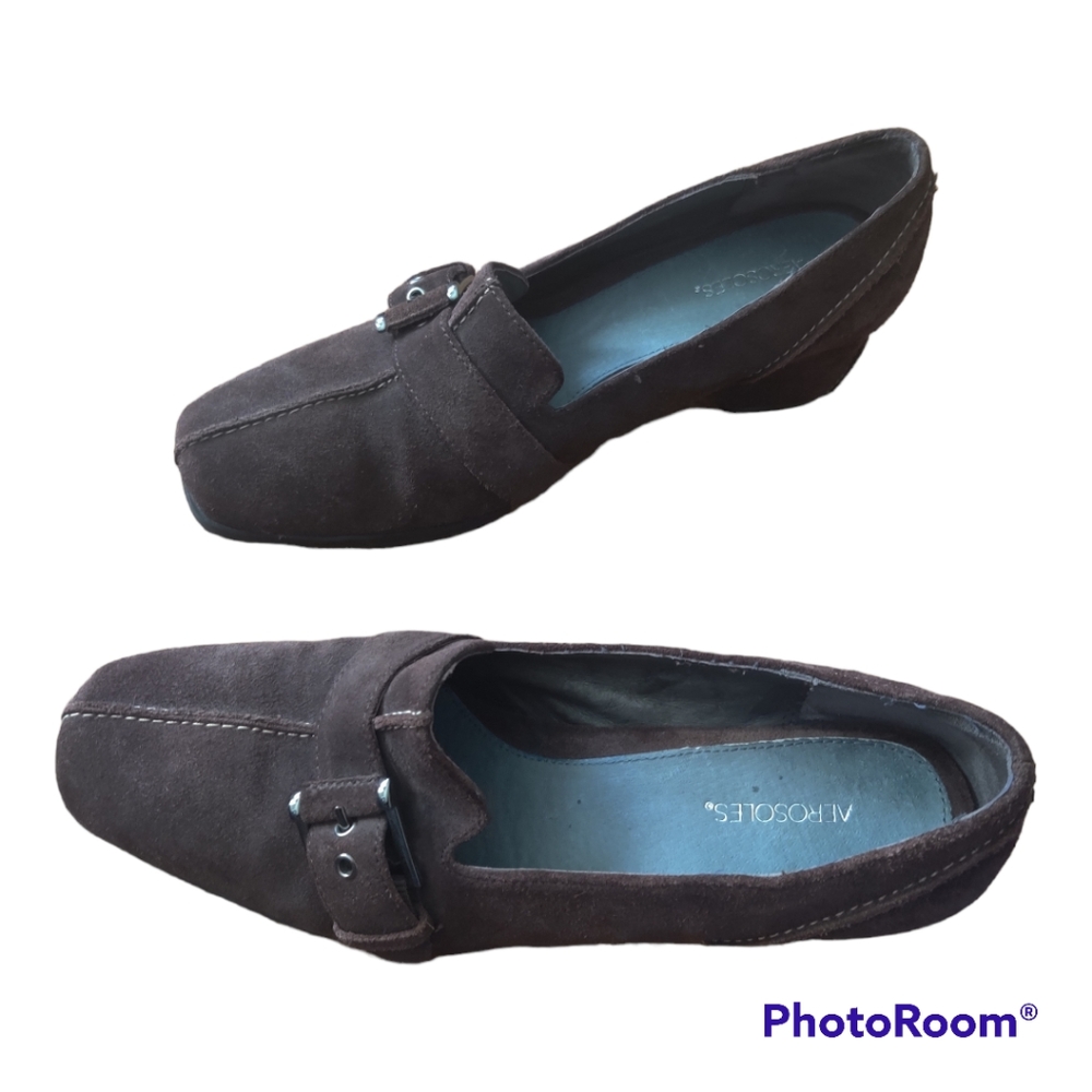 Aerosols Chocolate Brown Suade Wedge Loafers, Size 7.5